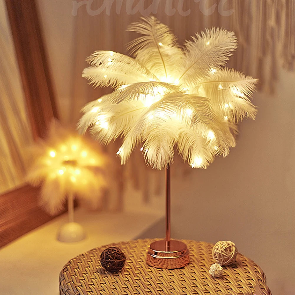 Creative Feather Table Lamp with Remote Control USB/AA Battery Power Desk Lamp