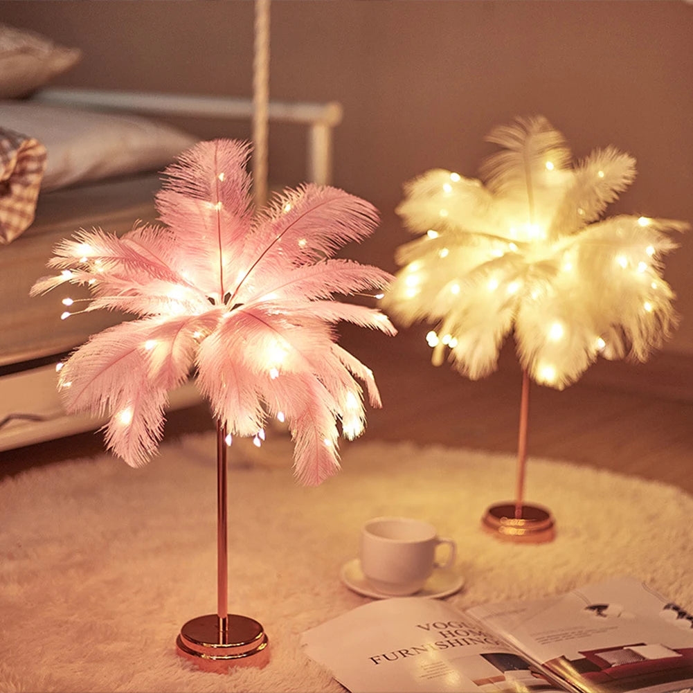 Creative Feather Table Lamp with Remote Control USB/AA Battery Power Desk Lamp