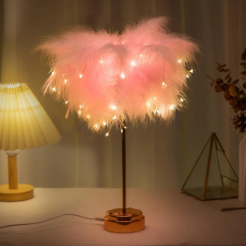 Creative Feather Table Lamp with Remote Control USB/AA Battery Power Desk Lamp