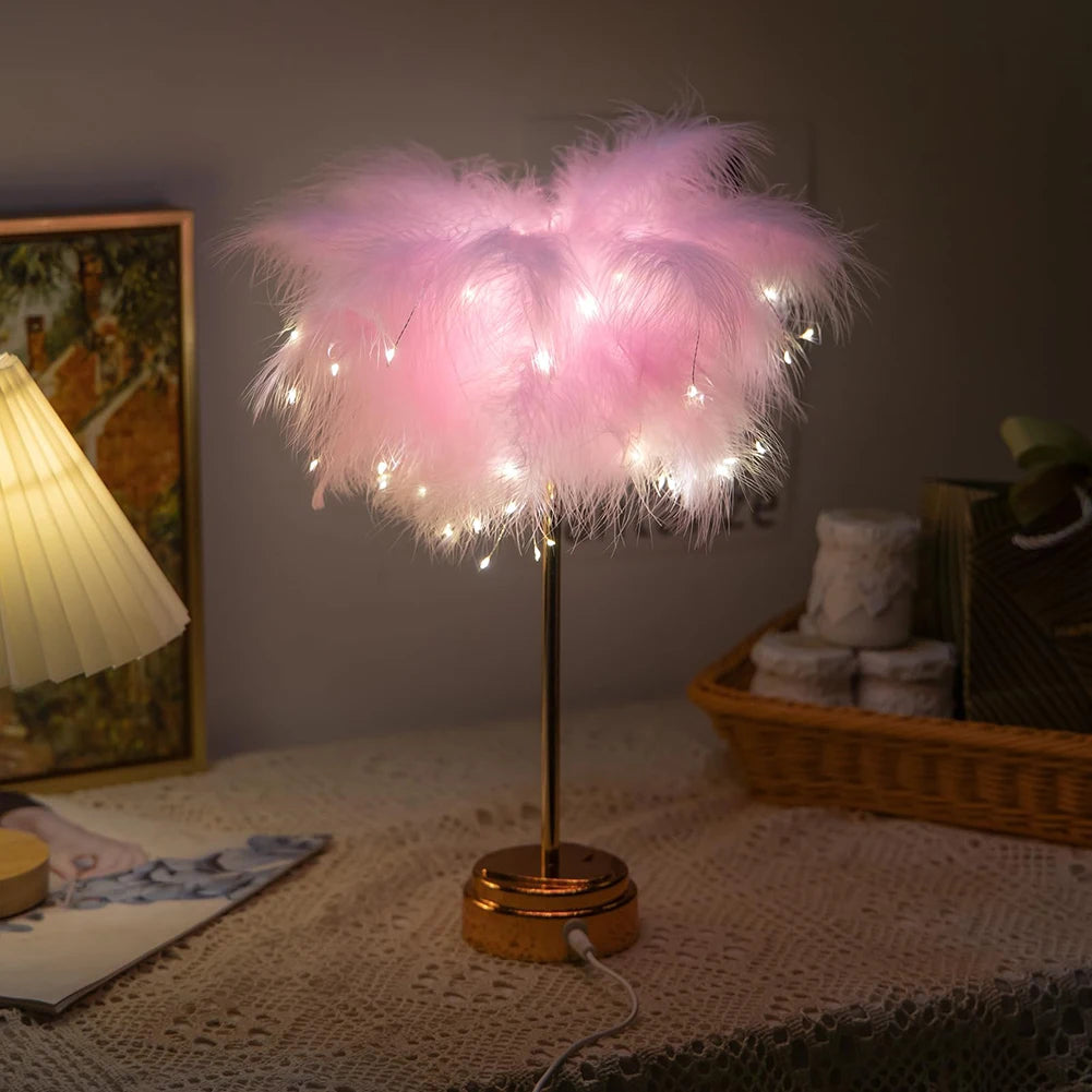 Creative Feather Table Lamp with Remote Control USB/AA Battery Power Desk Lamp