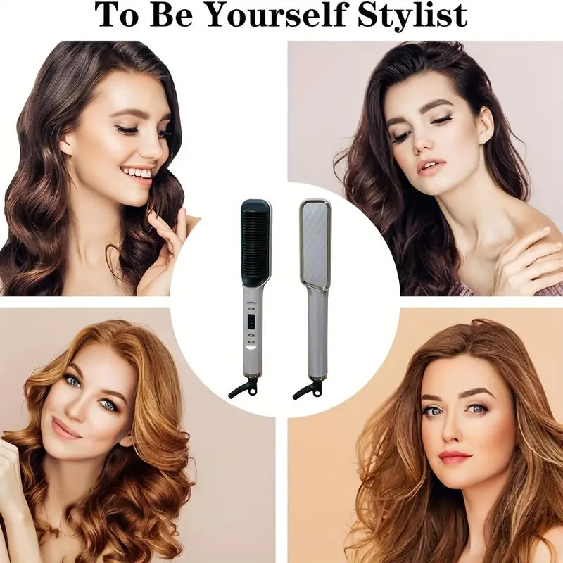 Electric Hair Straightener Brush For Straightening & Curling, Dual Voltage, Wet & Dry Use