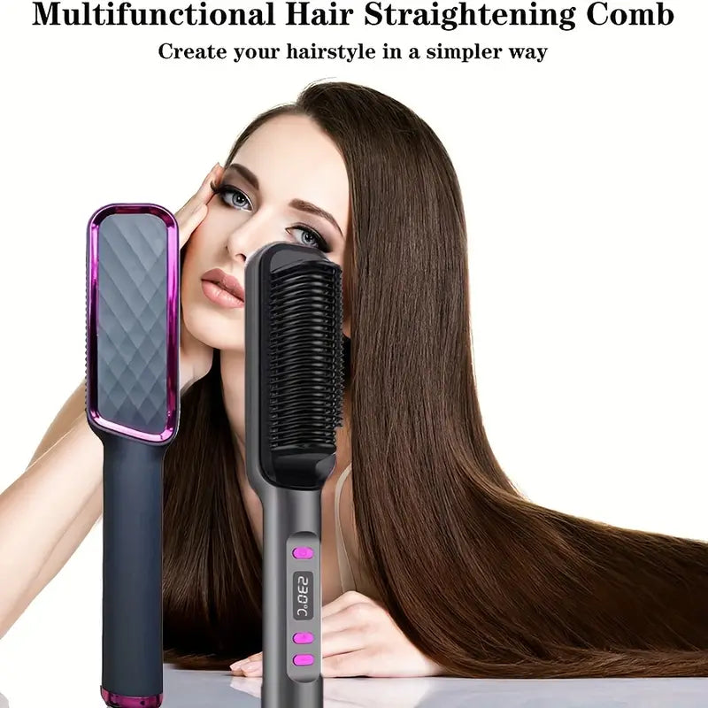 Electric Hair Straightener Brush For Straightening & Curling, Dual Voltage, Wet & Dry Use